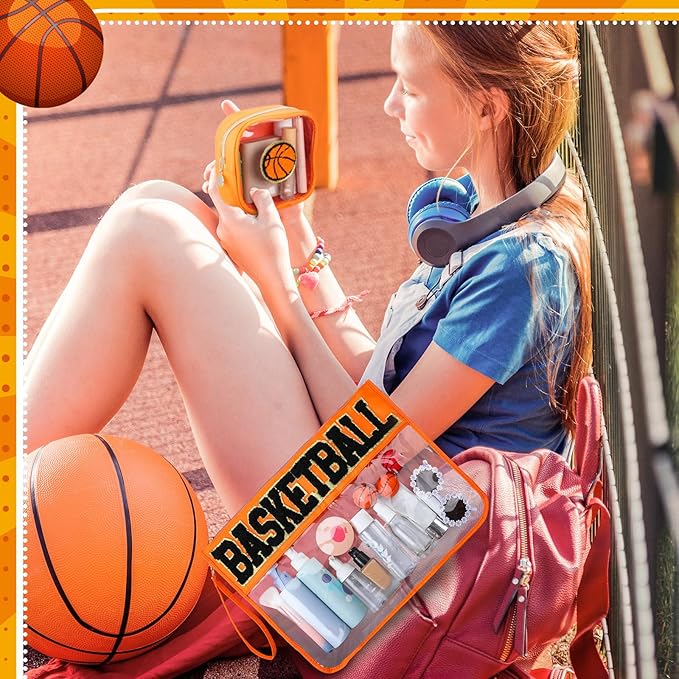 Hillban 2 Pcs Basketball Senior Night Gifts 2026 Makeup Cosmetic Bag Clear Toiletry Purse Chenille Letter Zipper Pouch Basketball Accessories for Women Sport Portable Travel Stuff Storage Case Bags