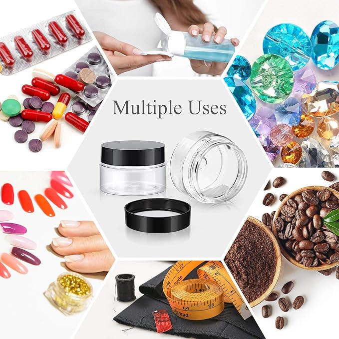 Satinior 6 Pack 1 oz Plastic Jars Containers with Lids Wide Mouth Refillable Leakproof Reusable Round Empty Jars for Travel Cosmetic Dry Food Spice Candy Cookie Home Kitchen Organizing (Black)