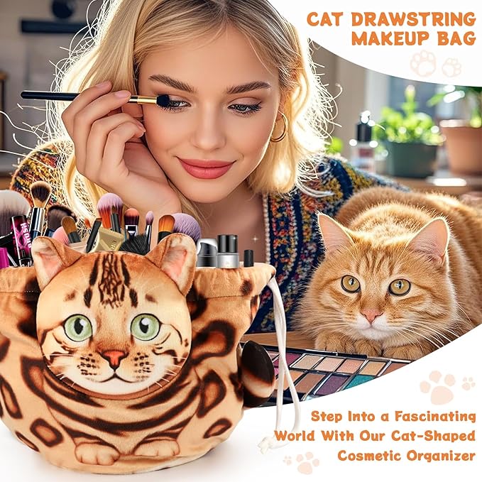 Openhaha Drawstring Travel Organizer, Cosmetic Pouch - Cat Gift, Lay Flat Makeup Bag Gifts for Cat Lovers