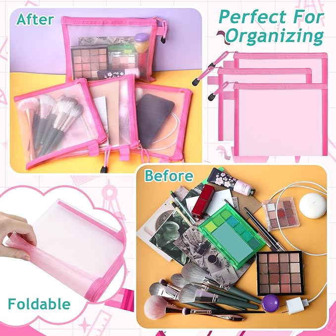 12-Piece Nylon Zipper Pouch Set, Pink Mesh Cosmetic Bags, Zippered Travel & Office Supplies Organizers - A5