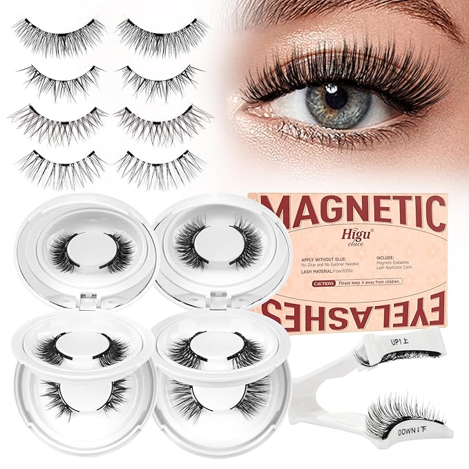 Higu clace Magnetic-Eyelashes with Applicator 4 Pairs Magnetic-Lashes Natural Look Wispy Magnet Lashes Easy to Wear and Remove（DJCX-A08)