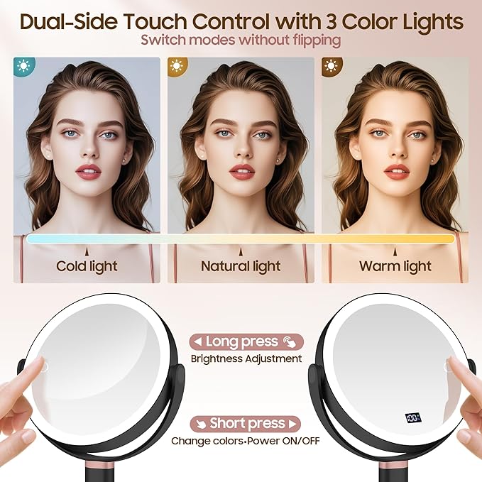 Makeup Magnifying Mirror with Light 30X/1X, Digital Display, 2-Sided Touch Control, Makeup Mirror with 3 Color Lights,360° Rotate, Height Adjustable Lighted Magnifying Mirrors for Desk Travel