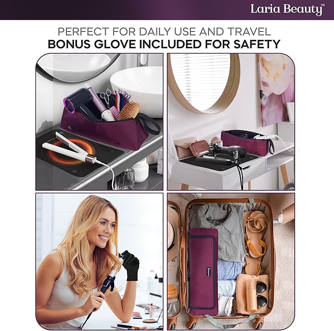 2-in-1 Hot Hair Tools Travel Bag, Removable Heat-Resistant Silicone Mat, Clear Pockets for Accessories, Protects Surfaces from Burns, Ideal for Curling & Flat Irons, Includes Heat-Resistant Glove