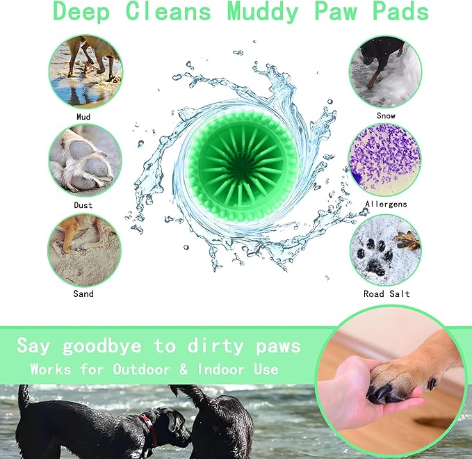 Dog Paw Cleaner Kit for Medium & Small Dogs - Quick Clean No Full Bath, 2-in-1 Paw Wash Cup with Detachable Silicone Brush Head, Includes Bath Brush & 3 Absorbent Towels, Green