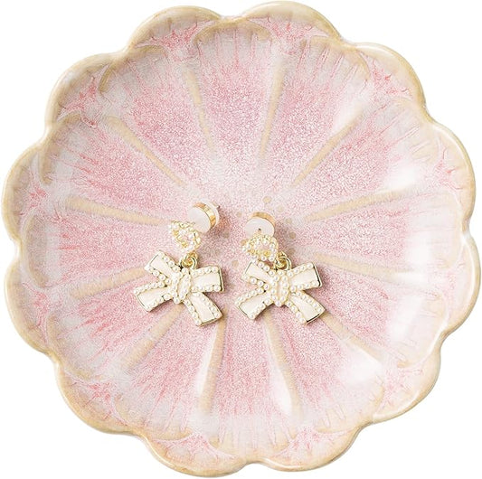 Jewelry Dish Tray, Ring Dish, Ceramic Trinket Tray, Key Bowl, Decorative Plate, for Friends Sisters Daughter Mother (Pink)