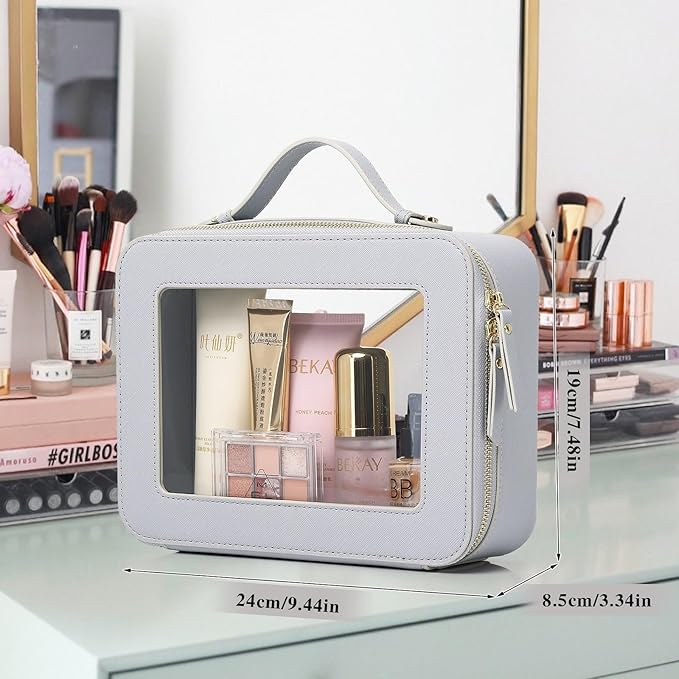 Clear Travel Makeup Bag with Brush Bag Portable Transparent Cosmetic Bag and Toiletry Bag Waterproof Clear Makeup Bag with Zipper Car Bag for Women (Gray, L+Slim)