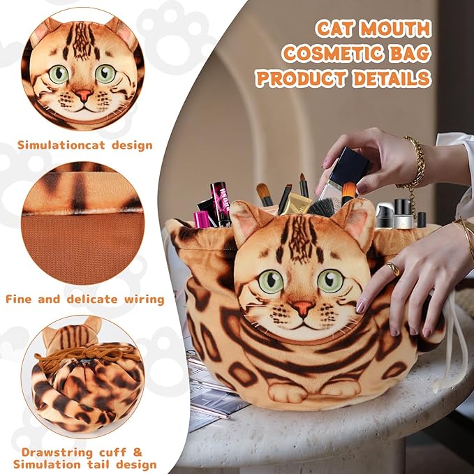 Openhaha Drawstring Travel Organizer, Cosmetic Pouch - Cat Gift, Lay Flat Makeup Bag Gifts for Cat Lovers