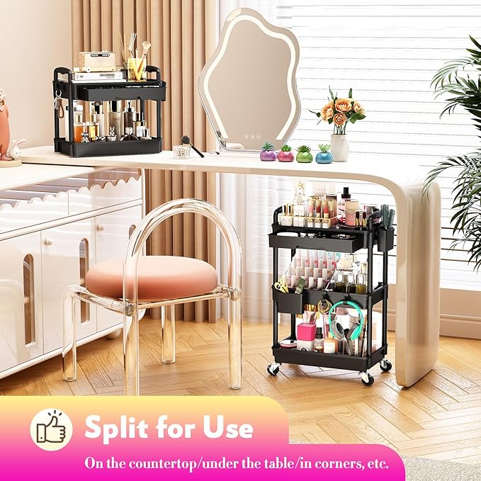 Makeup Cart Organizer with Drawers, Floor Skincare Organizers Vanity Storage Organizer, Rolling Makeup Bathroom Storage Cart Cosmetics Display Cases for Skin Care Perfume Nail Polish, Black