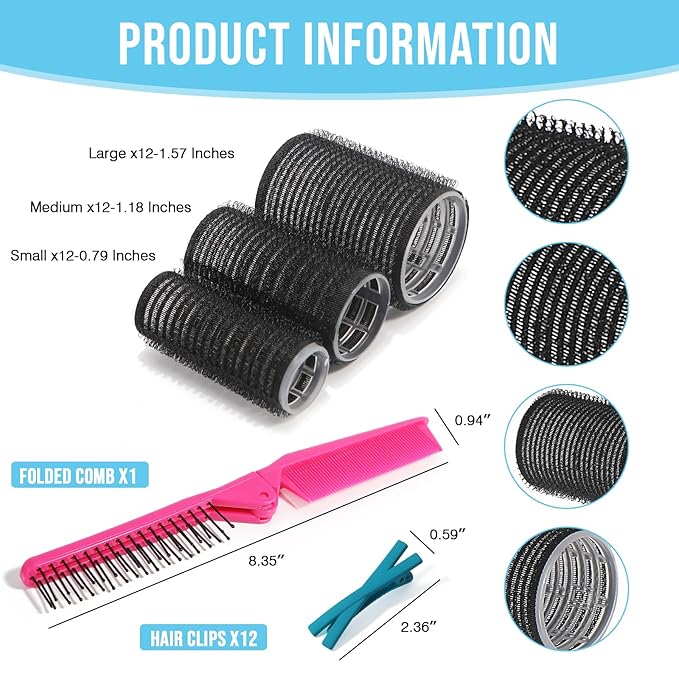 Heatless SelfGrip Hair Rollers Kit, 3 Sizes (0.79",1.18",1.57") for Short/Medium Hair | 36 Rollers +12 Clips +1 Comb | No Heat Curlers for Overnight Waves,Travel & Damage-Free Styling. (Black, Medium)