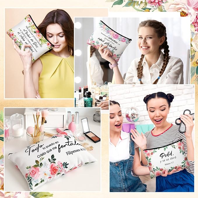 Pinkunn 16 Pcs Valentines Canvas Makeup Bags Bulk Inspirational Christian Women Religious Galentine Gifts Inspirational Bible Verse Pencil Pouch Makeup Bags with Zipper for Travel(Spanish Floral)
