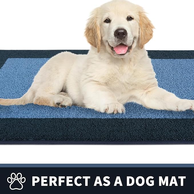 PURRUGS Dirt Trapping Door Mat 24" x 60", Non-Slip Washable Entry Mat, Dog Doormat, Front Door Mat, Super Absorbent Entrance Mat for Muddy Shoes & Paws, Light Blue & Navy