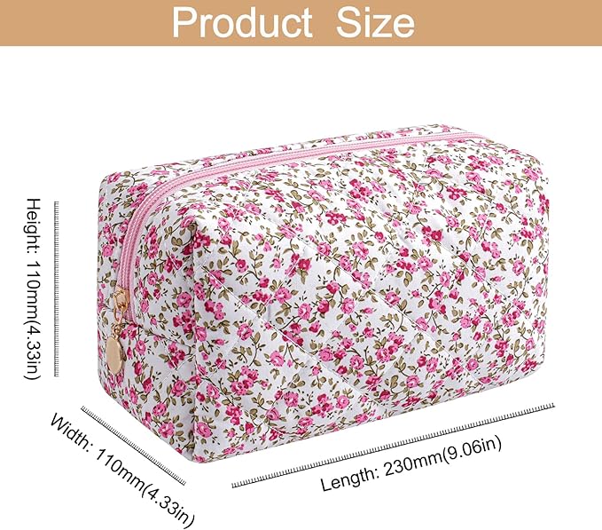 Makeup Bag Travel Cosmetic Bag for Women Girls, Zipper Make Up Pouch, Floral Flowers Toiletry Organizer Makeup, Portable Storage Cosmetic Travel Cloth Bag (Pink+Flower-Pink)