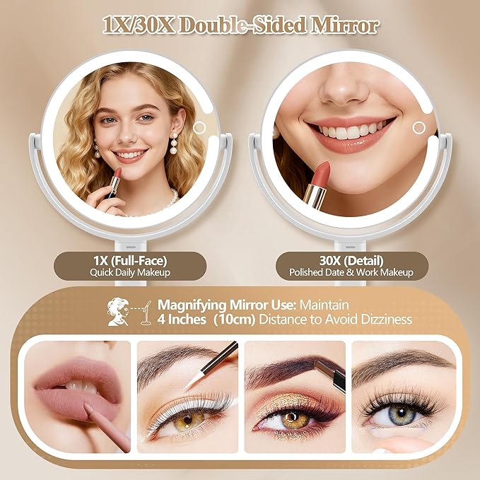 MOMOKUBA Makeup Mirror with Lights, Double Sided 1x/30x Magnifying Mirror with Light, Rechargeable 3 Color Lights and Adjustable Brightness, 360° Rotation Detachable Comes with Tweezer(White-30X)