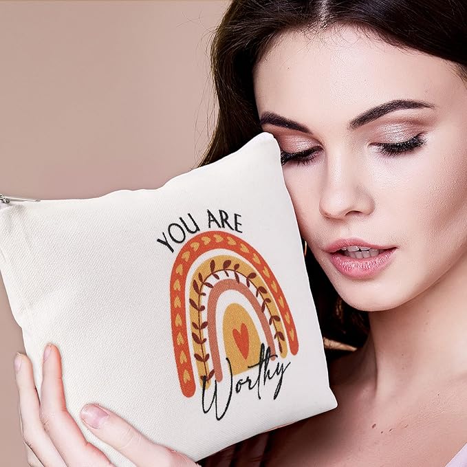 Coume 10 Pcs Valentines Canvas Makeup Bags Bulk, Inspirational Quotes Cosmetic Zipper Encouragement Travel Pouch Toiletry Bag Women Teacher Friend Birthday Gift(Multicolor,Rainbow)