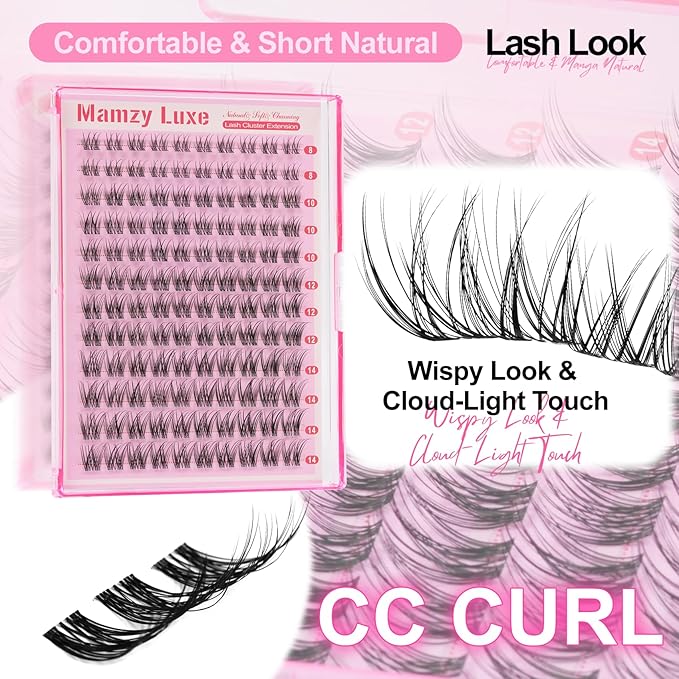 Natural Lash Clusters Kit Short Wispy Eyelash Clusters 8-14MM Clear Band Cluster Lashes Extensions Kit 120Pcs CC-Curly Daily Exquisite Eyelashes Clusters with Bond and Seal and Tweezers