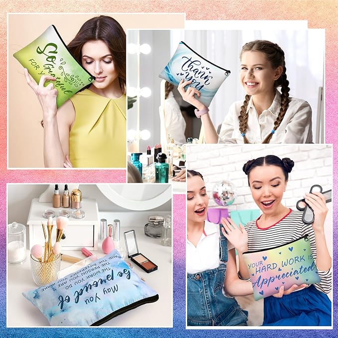 Pinkunn 16 Pcs Valentines Canvas Makeup Bags Bulk Inspirational Christian Women Religious Galentine Gifts Inspirational Bible Verse Pencil Pouch Makeup Bags with Zipper for Travel(Bible Watercolor)