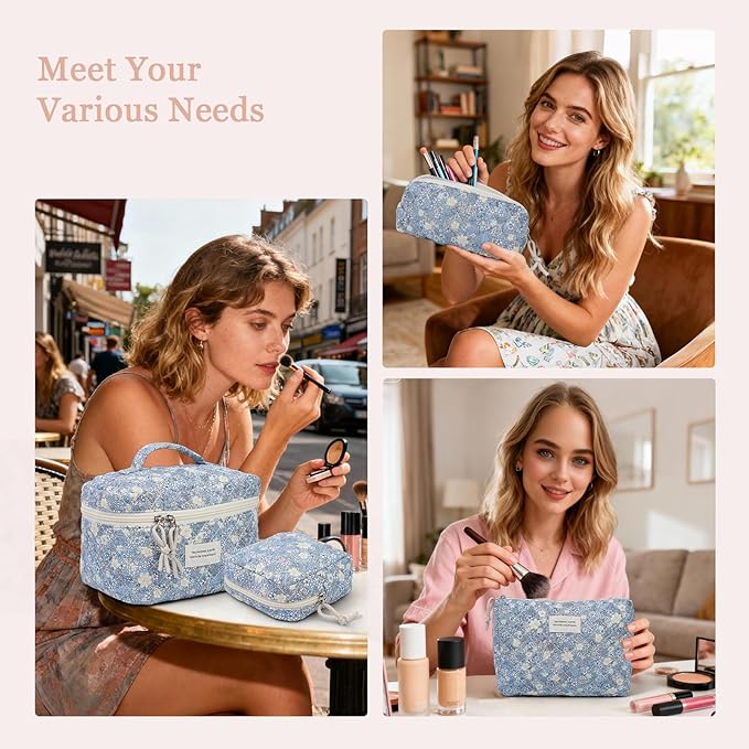 VIWIME Makeup Cosmetic Bag, Large Cotton Quilted Travel Coquette Aesthetic Cute Floral Make up Bag for Women Toiletry Bag Organizer (302-Blue&White)