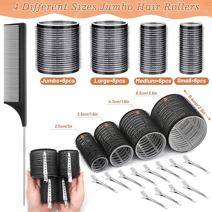 Hair Curler Rollers for Women 24PCS Heatless Hair Roller with 12PCS Clips, 4 Sizes（Jumbo Large Medium Small）Self Grip Holding Hair Rollers for Long Medium Short Thick Fine Volume Thin Bangs Hair