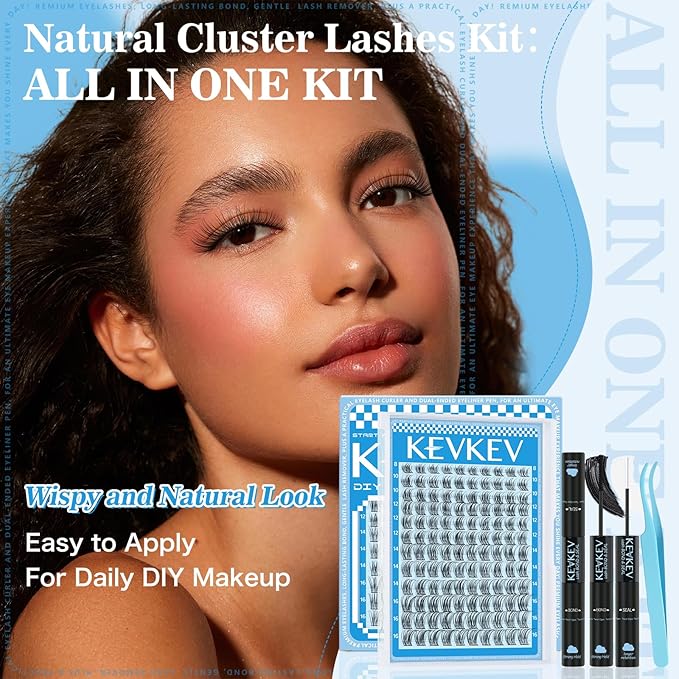 Wispy Lash Clusters Kit Ultra-thin Band Natural Eyelash Clusters 8-16mm Lash Extension Kit Mix Length Clear Band Natural Look Cluster Eyelash Extensions With Lash Bond DIY Lash At Home(Wispy05)
