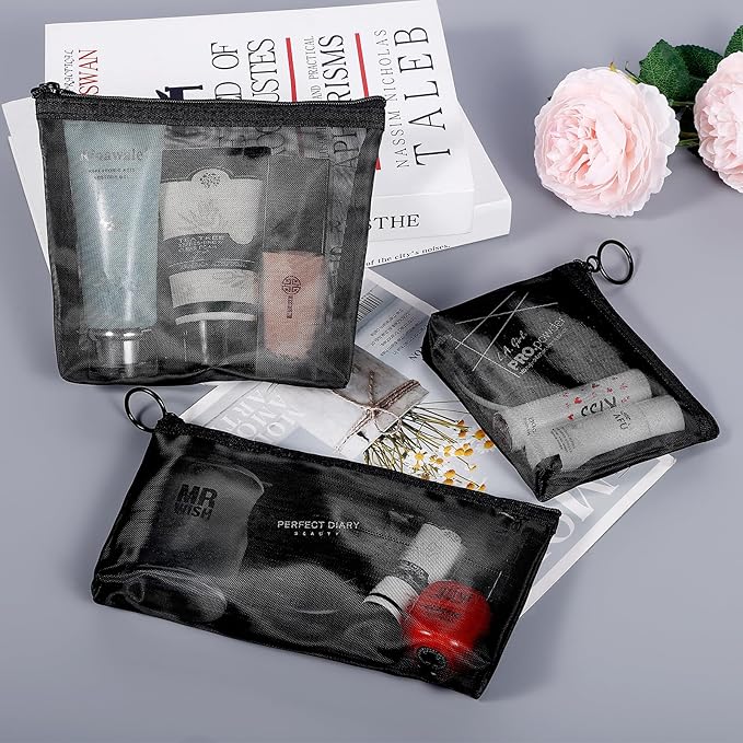 8 Pack Mini Zipper Mesh Makeup Bags, Nylon Cosmetic Bags Toiletry Purse Travel Organizer Bags Inside Bag for Office Travel Organization (Widened-Black, XS)