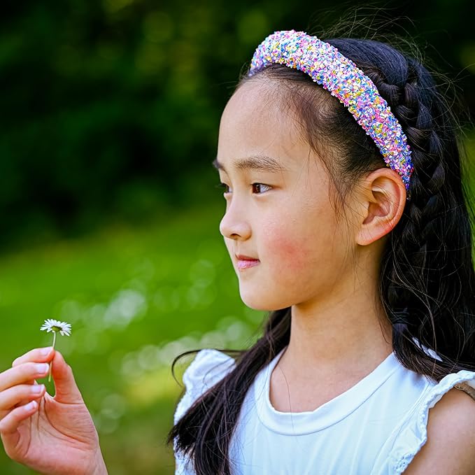 FROG SAC Sequin Headband for Girls, Sparkly Puffy Hair Band for Kids, Padded Toddler Head Bands, Sparkle Girl Hair Accessories (Rainbow, Child)