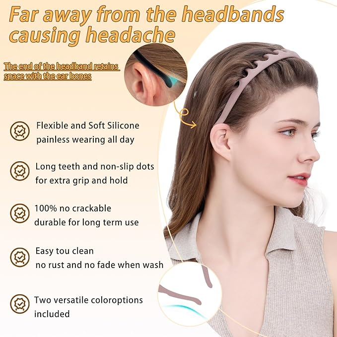 Silicone Headbands for Women Non Slip Comb Headband with Teeth Non-Crackable Hair bands for Women's Hair Fashion Accessories (Black&Khaki 2PC, 1 Count (Pack of 2))