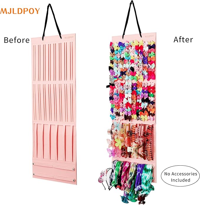 MJLDPOY Hair Bow Organizer for Girls, Baby Hair Clips Holder Wall Hanging, Large Felt Bow Storage Display for Girls Hair Bows & Claw Clips, Ribbons, Headbands – Nursery Room Decor (Pink)