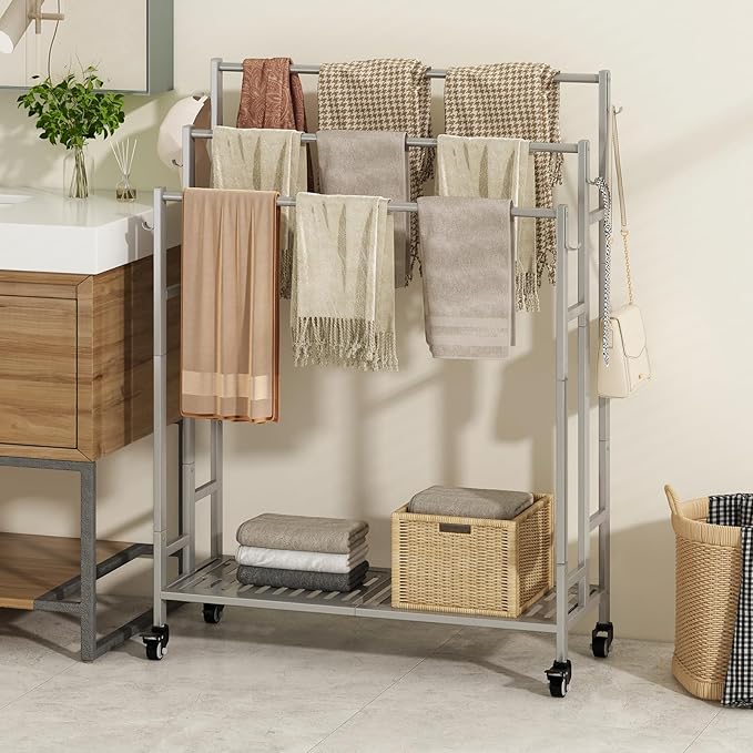 SORCEDAS Towel Rack 3 Tier Free Standing Metal Towel Stand with Storage Shelf and Wheel for Extra Large Towel Blanket Drying (Grey)