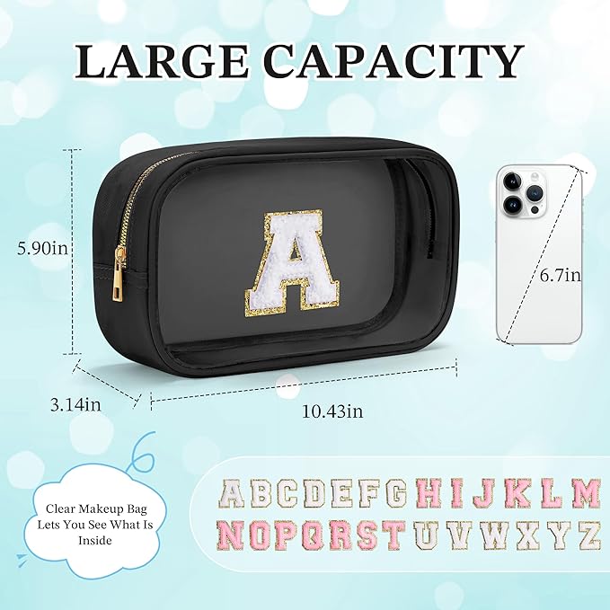YOOLIFE Initial Makeup Bag Travel Toiletry Bag Clear Makeup Bag Cosmetic Bags Travel Essentials Gifts for Girls Teen Girlfriend Teacher Birthday Birthday Gifts for Kids Black Valentines Gifts A