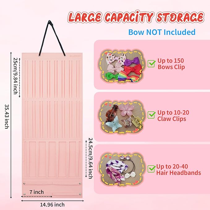 MJLDPOY Hair Bow Organizer for Girls, Baby Hair Clips Holder Wall Hanging, Large Felt Bow Storage Display for Girls Hair Bows & Claw Clips, Ribbons, Headbands – Nursery Room Decor (Pink)