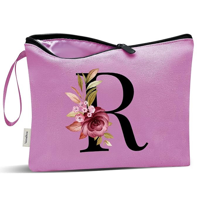 Vavabox A-Z Personalized Makeup Bag, Birthday Gifts for Women Mom, Gifts for Best Friend, Bride Bridesmaid Cosmetic bag (R, Purple)