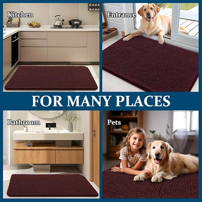 OLANLY Dog Door Mat for Muddy Paws 34x21, Absorbs Moisture and Dirt, Absorbent Non-Slip Washable Doormat, Quick Dry Chenille Mud Mat for Dogs, Entry Indoor Entryway Carpet for Inside Floor, Russet
