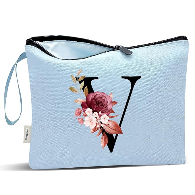 Vavabox A-Z Personalized Makeup Bag, Birthday Gifts for Women Mom, Gifts for Best Friend, Bride Bridesmaid Cosmetic bag (V, Blue)