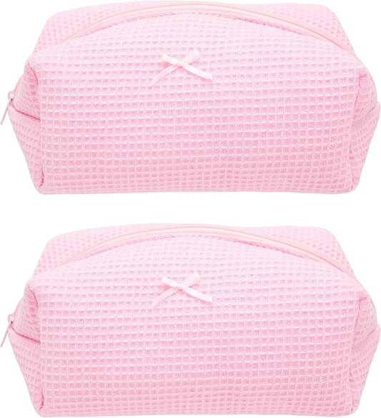 PAZIMIIK 2PCS Cozy Makeup Bag Travel Cosmetic Bag for Women Soft Toiletry Bag Aesthetic Makeup Organizer Portable Large Zipper Pouch for Skincare Beauty Accessories Brushes Walffle Check Pink