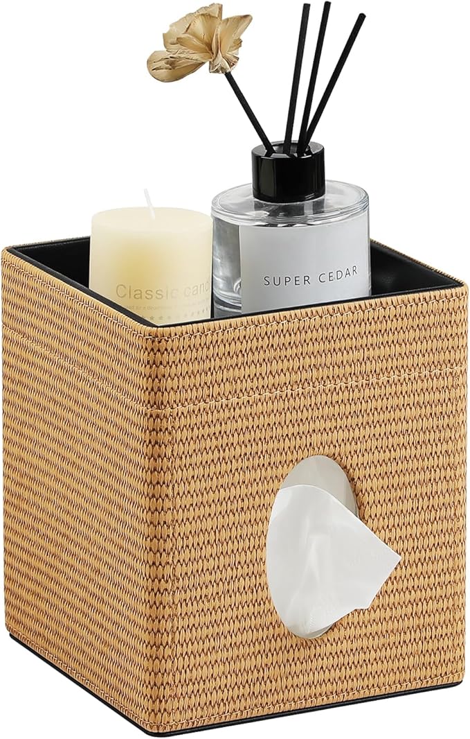 Tissue Box Cover, PU Leather Square Tissue Box Holder with Storage Tray for Bathroom Vanity Countertop Night Stands Bedroom Office Desk, Stylish Tissue Holder Decorative Organizer (Yellow Rattan)