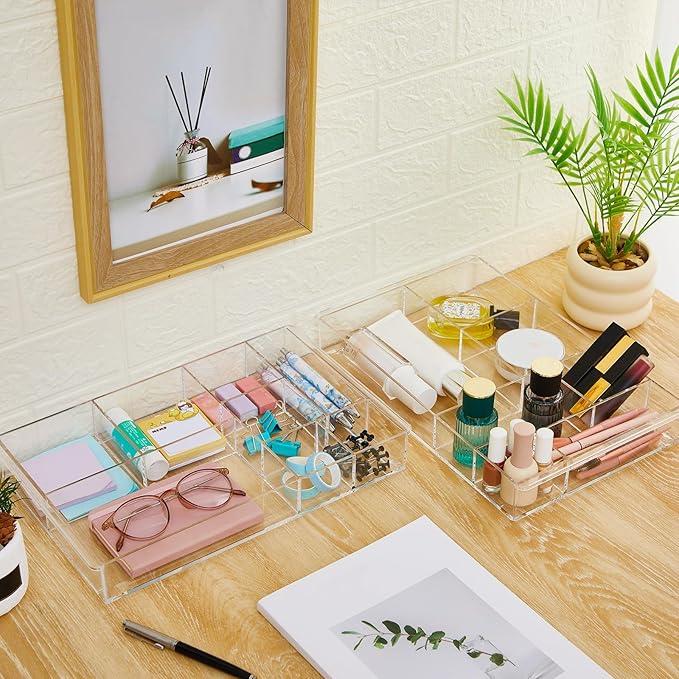 3 Pcs Clear Acrylic Desk Drawer Organizer 13.7 x 8.7 x 2 Inch Drawer Organizer Trays with 8 Compartments Desk Accessories for Office Makeup Silverware Bathroom