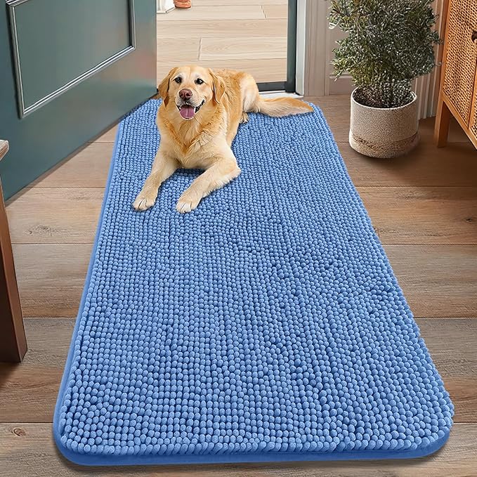 Smiry Dog Door Mat for Muddy Paws 48x30, Absorbs Moisture and Dirt Doormat, Non-Slip Washable Quick Dry Chenille Front Door Mat Indoor Entrance, Entryway Carpet for Inside Floor, Cornflower Blue