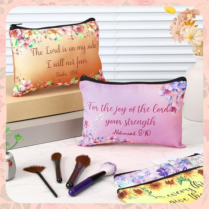 Pinkunn 16 Pcs Valentines Canvas Makeup Bags Bulk Inspirational Christian Women Religious Galentine Gifts Inspirational Bible Verse Pencil Pouch Makeup Bags with Zipper for Travel(Bible)