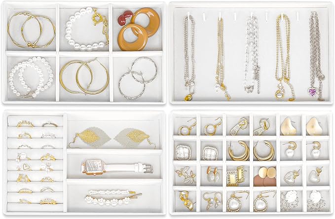Cirhy 4 Stackable Jewelry Organizer Trays for Drawer, White Velvet Jewelry Drawer Inserts for Necklaces Rings Earrings & Bracelets, Elegant Jewelry Storage Tray & Display Case, Gift for Women