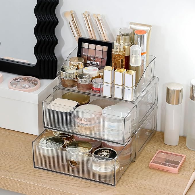 3-Tiers Makeup Organizer with Drawer, Stackable Skincare Storage Box for Vanity and Bathroom, Beauty Essentials, Cosmetic Brushes, Perfume Stand, Large Lipsticks Holder