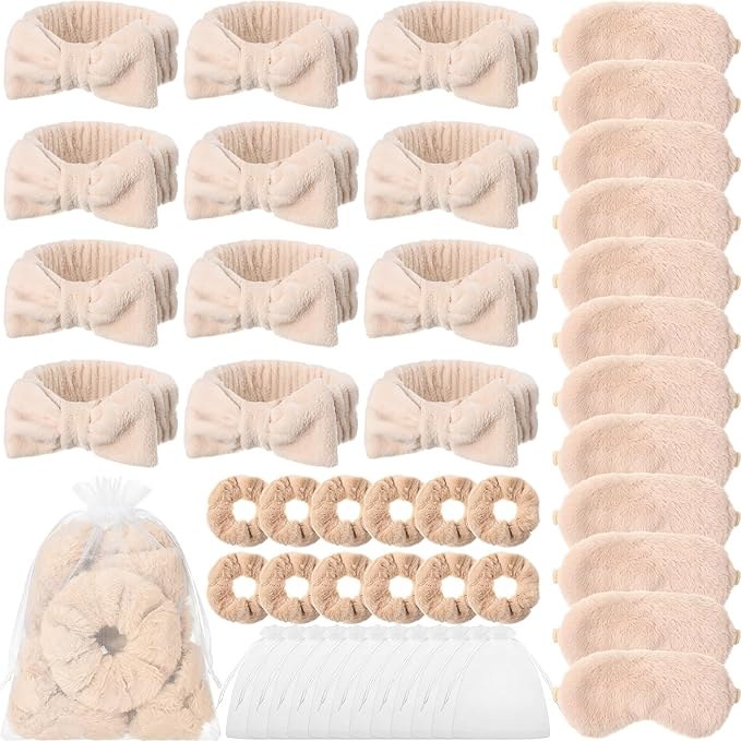 Mimorou 48 Pieces Galentine Spa Party Supplies 12 Spa Headband 12 Plush Sleep Eye Mask 12 Velvet Scrunchies 12 Organza Bags for Sleepover Slumber Party Favors Valentine Gift(Beige)