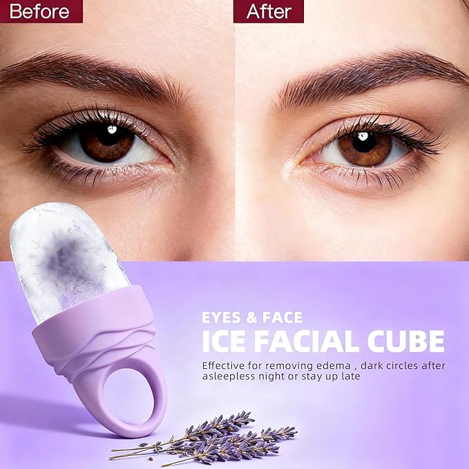 3 Pcs Facial Ice Roller Silicone Mold Reusable for Face Women and Eye Neck Cold Skin Care Tools Freezer De Puff Eye Bags Reduce Migraine Pain Pink 1 + Purple 2