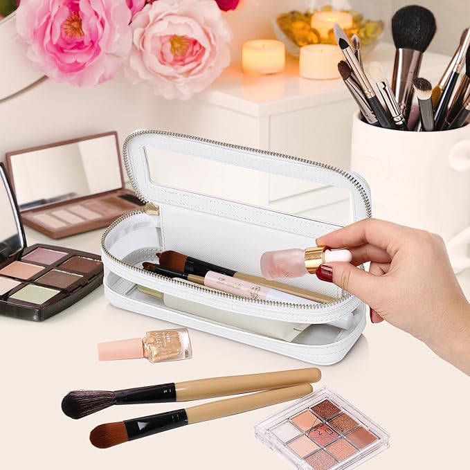 Pinkmik Makeup Brush Case Clear Travel Cosmetic & Toiletry Bag Slim Makeup Bag with Zipper Small Purse Organizer Car Essential Bag for Women (White, SLIM-1)