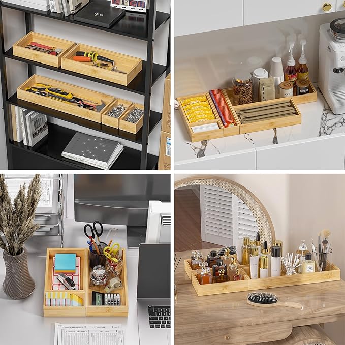 Lixple Bamboo Drawer Organizer, Narrow Stackable Cutlery Tray for Kitchen, 2 Pcs Silverware & Utensil Box, 12" x 3" x 2" (Outer), 11.3" x 2.3" x 1.77" (Inner)
