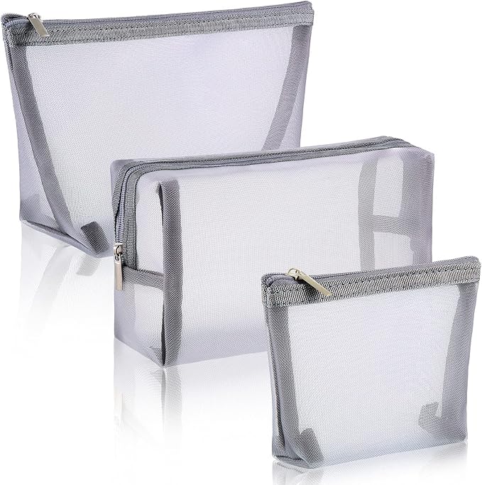 Boao 3 Piece Mesh Cosmetic Bag Mesh Makeup Bag with Zipper Pouch Travel Toiletry for Makeup Organizer Home Office Travel Accessories(Grey)