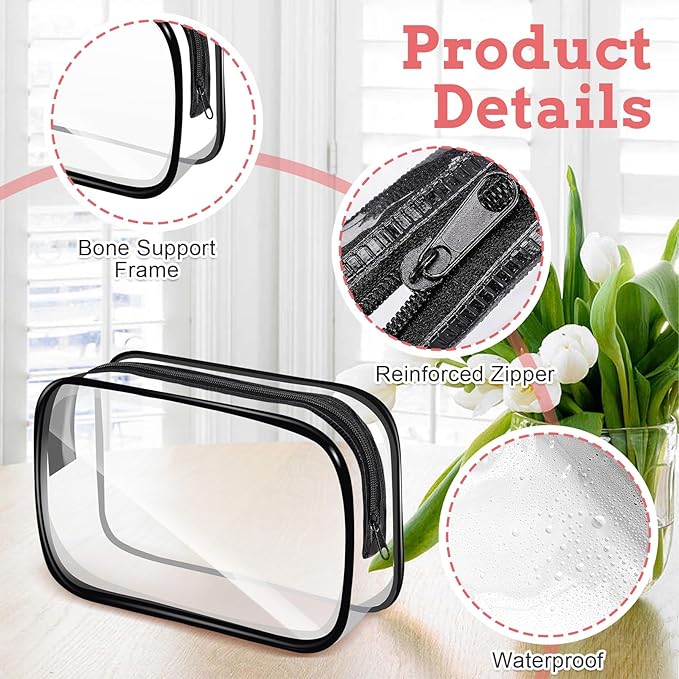 12 PCS Clear Makeup Bags, Clear Toiletry Bags with Zipper, Portable Transparent Toiletry Bags for Travel (Black, Medium)