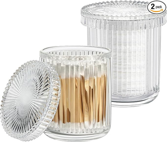 2 Pack Glass Qtip Holder Dispenser - Bathroom Organizers and Storage, Clear Apothecary Jars Set, Bathroom Essentials Accessories Decor, Vanity Makeup Storage Organizer (Clear)