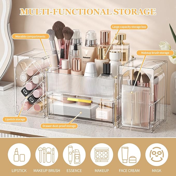 Seoneiro Makeup Organizer with Drawers, Cosmetic Storage for Dresser Countertop and Bathroom Vanity, Beauty Holder for Lipstick Brush Skincare Display case (Transparent)