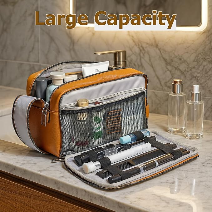 MIRASON Travel Toiletry Bag for Men Leather Travel Bag for Toiletries, Dopp Kit Water-resistant Shower Bag for Shaving Bathroom Organizer Gifts for Men, Brown