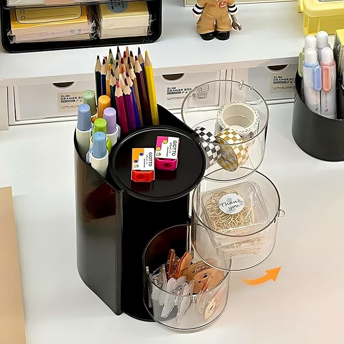 Hair Accessories Organizer with Hair Brush Holder, Rotatable Makeup Brush Holder for Necklaces, Earring, Bracelet, Ring, Makeup Brushes, Hair Clip and Hair Accessories (Black, 3-Layer)